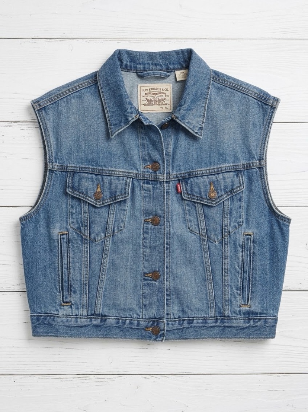 Levi's Women's XL Shrunken 90s Medium Wash Denim Trucker Vest Red Tab EUC